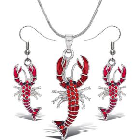 Sparkling Silver Red Lobster Dangle Earrings and Necklace Jewelry Set – Sparkly Charm Necklace and Earrings Set Plated in Silver Color – Elegant Silver Jewelry