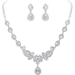 EleQueen Women's Sparkle Cubic Zirconia Floral Teardrop Necklace Earrings Bracelet Bridal Jewelry Set for Women Party Prom