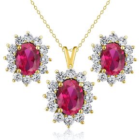 Gem Stone King 18K Yellow Gold Plated Silver Red Created Ruby Pendant and Earrings Jewelry Set For Women (3.55 Cttw, Gemstone July Birthstone, Oval 8X6MM and 7X5MM, with 18 Inch Silver Chain)