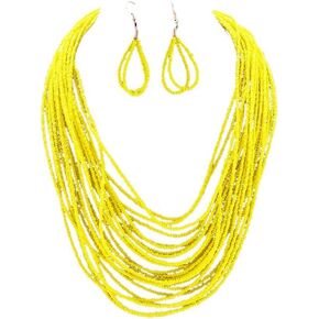 African Bead Necklace Earring Sets Yellow Bib Seed Statement Chunky Collar Multi Strand Boho Jewelry Accessories for Women and Girls