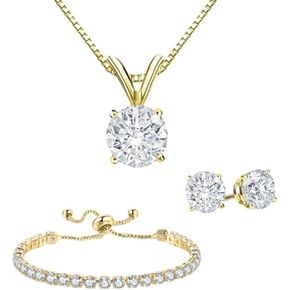 18K Yellow Gold 3 Set Created White Sapphire Round Necklace, Earrings And Tennis Bracelet Plated in Saudi Arabia