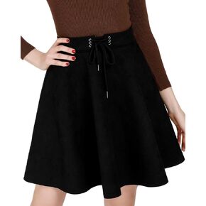 DIASHINY Faux Suede Mini Skirt for Women A Line Skater Belt Tie High Waist Flared Stretch Skirts