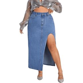 Milumia Women's Plus Size Split Thigh Denim Skirt High Waisted Long Jean Skirts