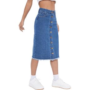 SweatyRocks Women's Casual High Waist Button Front Denim Skirt Raw Hem Midi Jean Skirts