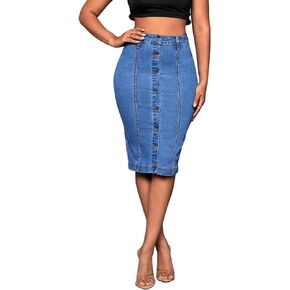 SweatyRocks Women's Casual High Waist Button Front Denim Skirt Raw Hem Midi Jean Skirts