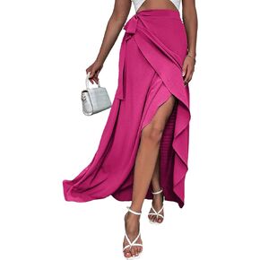 WDIRARA Women's Wrap Side Tie High Rise Split Solid Maxi Skirt Boho Long Skirt