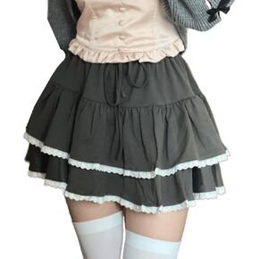Harajuku Lolita Kawaii Gothic Casual Style Elastic Waisted Soft Vintage Ribbon Lace Trim Layered Short Skirt