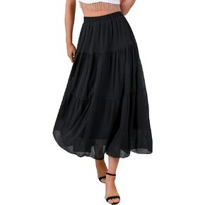 Ezcosplay Womens Chiffon Maxi A-Line Skirts Elastic High Waist Ruffle Beach Long Flowy Skirt