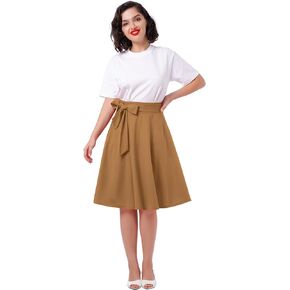 Women's Vintage Flared Skirt 1950s Belted Midi Skirt Solid A-Line Knee Length Skirts with Pockets