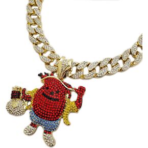 Hip Hop KOOL AID MAN Holding Money Bag Pendant & 18" Iced Cuban Link Choker Chain Necklace