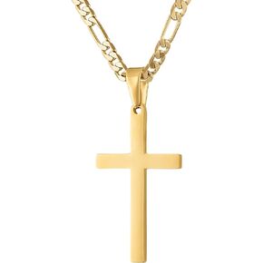 14K Gold Style Figaro Chain Cross Pendant Necklace 4MM Cross Necklace Clasp for MEN, HUSBAND Thin for Charms Figaro Link Diamond Cut Religious Crucifix