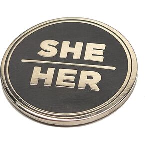 She Her Pronoun Pin Silver & Black Round Enamel Pronoun Button with Magnet Back