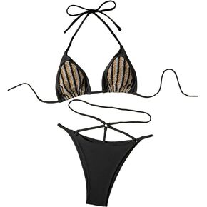 WDIRARA Women's 2 Piece Glitter Striped Swimsuits Ring Halter Triangle Bikini Set Cheeky Beach Bathing Suit