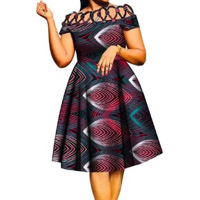 XIAOHUAGUA African Dresses for Women Cotton Rope Weaving Collar African Print Wax Clothing Knee-Length Lady Dress