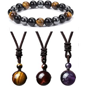 Jovivi Bundle - 2 Items 3pcs Tiger Eye Amethyst Lucky Blessing Protection Chakra Beads Necklace + Hematite Black Obsidian Tiger Eye Stone Bracelets for Men Women