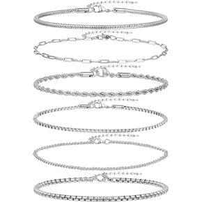 Wrlcorly 6Pcs Stainless Steel Chain Bracelets for Men Women 2mm Cuban Snake Twists Rope Box Beads Paperclip Link Chain Bracelet Sets Jewelry Gifts 7 Inches Length Adjustable
