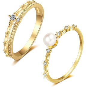 2PCS خواتم الذهب لذيذ للنساء طبقة مزدوجة زركونيا التراص خواتم للفتيات في سن المراهقة خواتم اللؤلؤ بيان للفتيات مجوهرات الهدايا حجم 5-9 in Kuwait