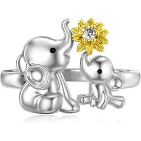 LONAGO Elephant Ring Sterling Silver Mother And Child Animal Elephant with Sunflower Stacking Ring Gift for Women Girl