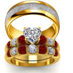 LOVERSRING His and Hers Wedding Ring Sets Couples Rings 2pc 10K Yellow Gold Filled Cz Wedding Engagement Ring Bridal Sets Tungsten Carbide Wedding Band