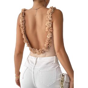 COZYEASE Women's Appliques Back Frill Shirred Cami Bodysuit Trendy Sleeveless Backless Slim Fit Body Shapewear in Saudi Arabia