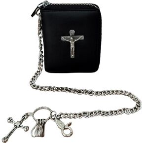 ABC STORY Mens Vintage Gothic Jesus Cross Biker Wallet with Zipper Coins Pocket Black