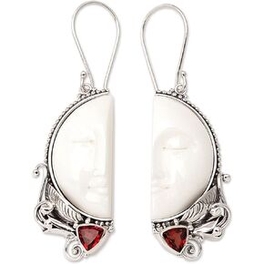 NOVICA Artisan Handmade Garnet Dangle Earrings Bone from Bali .925 Sterling Silver Red White Statement Indonesia Birthstone 'Half of My Soul' in Saudi Arabia
