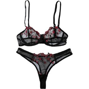 WDIRARA Women's Floral Embroidery Mesh Underwire Lingerie Set Lace Bra and Panty Set