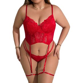 WDIRARA Women's Plus Size 3 Piece Floral Lace Underwire Garter Lingerie Bra and Thong Set