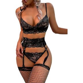 WDIRARA Women's 3 Pieces Floral Lace Garter Belt Sexy Lingerie Set Bralette and Panty Set