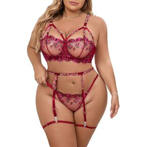 WDIRARA Women's Plus Size Floral Embroidery Mesh Underwire Garter Thongs Lingerie Sets