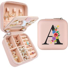 Initial Travel Jewelry Case, Small Travel Jewelry Organizer Box for Women Girls, Personalized Graduation Birthday Gifts for Her Mom Kids Necklace Earring Ring Organizer Teen Girl Trendy Stuff Pink - S