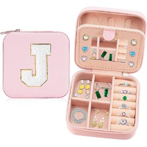 JCMALL Monogram Jewelry Case Women Girls Portable Initial Jewelry Box Small Travel Jewelry Organizer with Mirror and Letters