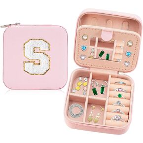 JCMALL Monogram Jewelry Case Women Girls Portable Initial Jewelry Box Small Travel Jewelry Organizer with Mirror and Letters