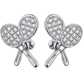 S925 Sterling Silver Tennis Racket and Ball Sport Cubic Zirconia CZ Stud Earrings Jewelry Gifts for Women Tennis lover