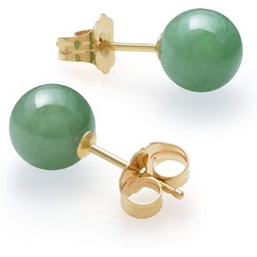 14k Yellow Gold Natural Green Jade Round Stud Earrings