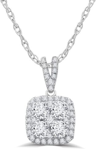 قلادة ألماس La Joya 1 1/2 قيراط TW Lab Grown للنساء - قلادة من الذهب الصلب عيار 10 قيراط على شكل هالة من الألماس للنساء - مصحوبة بسلسلة ذهبية قابلة للتعديل in Kuwait