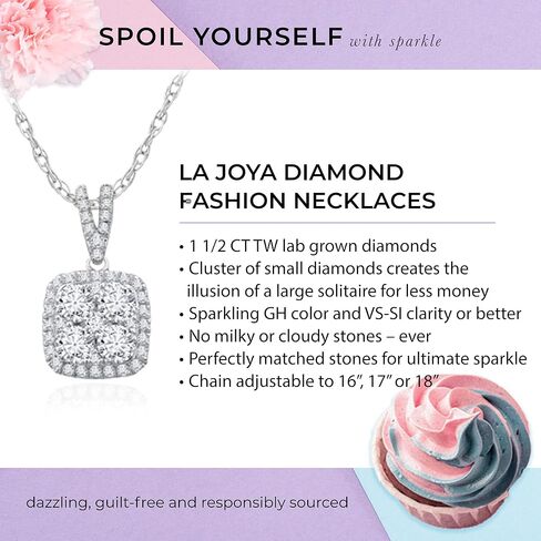 قلادة ألماس La Joya 1 1/2 قيراط TW Lab Grown للنساء - قلادة من الذهب الصلب عيار 10 قيراط على شكل هالة من الألماس للنساء - مصحوبة بسلسلة ذهبية قابلة للتعديل in Kuwait