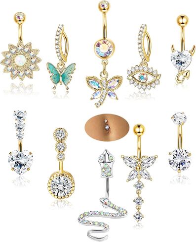 JeryWe 10 قطع 14 جرام حلقات زر البطن متدلية للنساء من الفولاذ المقاوم للصدأ زر البطن ثقب عيون الشر فراشة ثعبان حلقات السرة تشيكوسلوفاكيا العصرية قضبان البطن المتدلية مجوهرات ثقب البطن in Kuwait