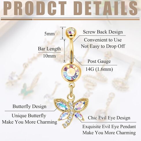 JeryWe 10 قطع 14 جرام حلقات زر البطن متدلية للنساء من الفولاذ المقاوم للصدأ زر البطن ثقب عيون الشر فراشة ثعبان حلقات السرة تشيكوسلوفاكيا العصرية قضبان البطن المتدلية مجوهرات ثقب البطن in Kuwait