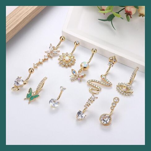 JeryWe 10 قطع 14 جرام حلقات زر البطن متدلية للنساء من الفولاذ المقاوم للصدأ زر البطن ثقب عيون الشر فراشة ثعبان حلقات السرة تشيكوسلوفاكيا العصرية قضبان البطن المتدلية مجوهرات ثقب البطن in Kuwait