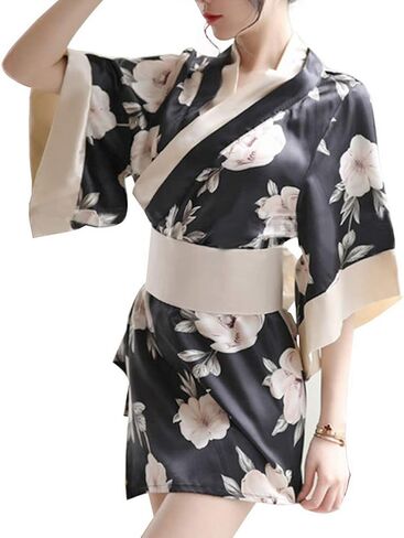 ملابس داخلية نسائية مثيرة من HongH كيمونو وردي نمط زهر فستان كيمونو صغير ثوب نوم رداء حمام قصير يوكاتا مع حزام أوبي in Kuwait