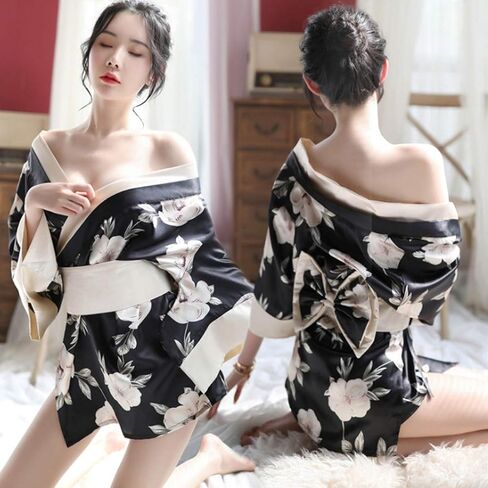 ملابس داخلية نسائية مثيرة من HongH كيمونو وردي نمط زهر فستان كيمونو صغير ثوب نوم رداء حمام قصير يوكاتا مع حزام أوبي in Kuwait