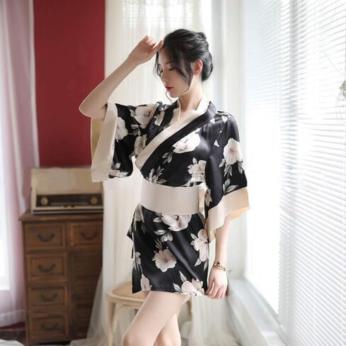 ملابس داخلية نسائية مثيرة من HongH كيمونو وردي نمط زهر فستان كيمونو صغير ثوب نوم رداء حمام قصير يوكاتا مع حزام أوبي in Kuwait