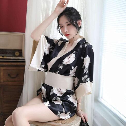 ملابس داخلية نسائية مثيرة من HongH كيمونو وردي نمط زهر فستان كيمونو صغير ثوب نوم رداء حمام قصير يوكاتا مع حزام أوبي in Kuwait