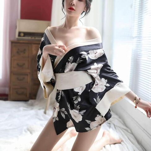 ملابس داخلية نسائية مثيرة من HongH كيمونو وردي نمط زهر فستان كيمونو صغير ثوب نوم رداء حمام قصير يوكاتا مع حزام أوبي in Kuwait