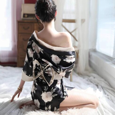ملابس داخلية نسائية مثيرة من HongH كيمونو وردي نمط زهر فستان كيمونو صغير ثوب نوم رداء حمام قصير يوكاتا مع حزام أوبي in Kuwait