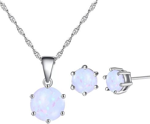 AILUOR Opal Jewelry Set, Sterling Silver Created Simulated Gemstone Round Halo Solitaire Pendant Necklace and Stud Earrings Set in Saudi Arabia