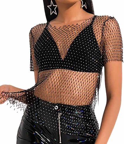 بلوزة ديلادولا سباركلي مرصعة بأحجار الراين شبكية قصيرة كريستالية سوداء شبكية شفافة شفافة من خلال الملهى الليلي للنساء... in Kuwait