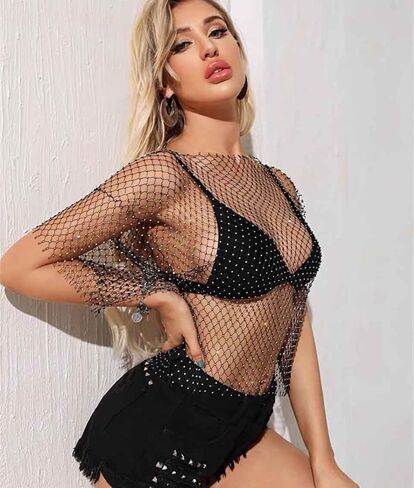 بلوزة ديلادولا سباركلي مرصعة بأحجار الراين شبكية قصيرة كريستالية سوداء شبكية شفافة شفافة من خلال الملهى الليلي للنساء... in Kuwait