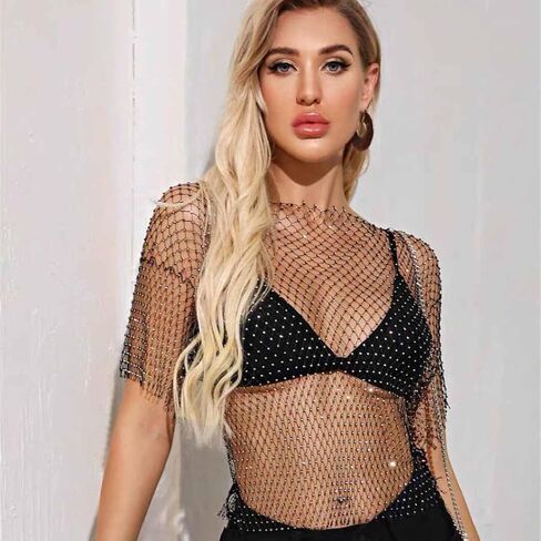 بلوزة ديلادولا سباركلي مرصعة بأحجار الراين شبكية قصيرة كريستالية سوداء شبكية شفافة شفافة من خلال الملهى الليلي للنساء... in Kuwait